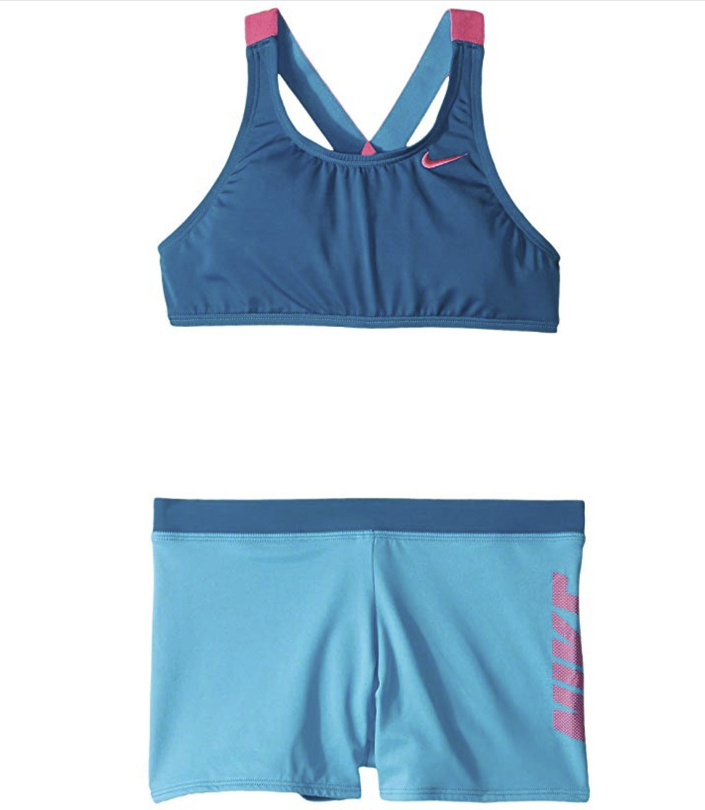 Nike Girl Rift Prism Cross-back Bikini and Shorts Set Green Abyss Size XS